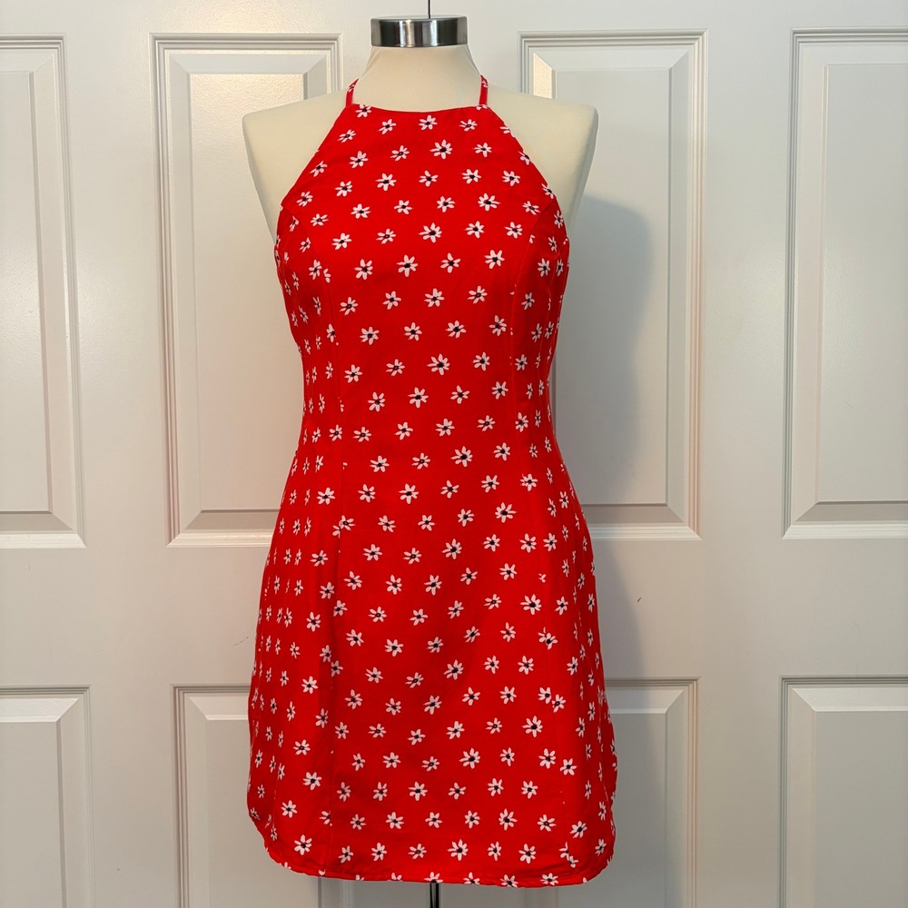 Zara Red Floral Linen Blend Halter Cross Back Mini Dress Women Size Medium